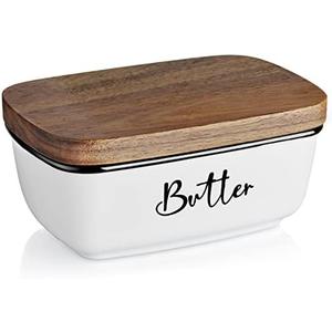 Butter Dish with Lid, ALELION Large Ceramic Butter Dish for Countertop, Butter Keeper with Thick Acacia Wood Lid, Kitchen Decor and Accessories for Kitchen Gifts, White