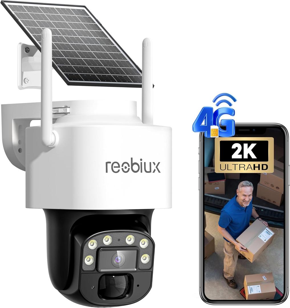 Reobiux 4G LTE Cellular Solar Security Cameras Wireless Outdoor, No WiFi Security Camera, 360 Live View, 2K Color Night Vision, PIR Detection, 2-Way Audio, Motion Alert, IP66, Built in SIM