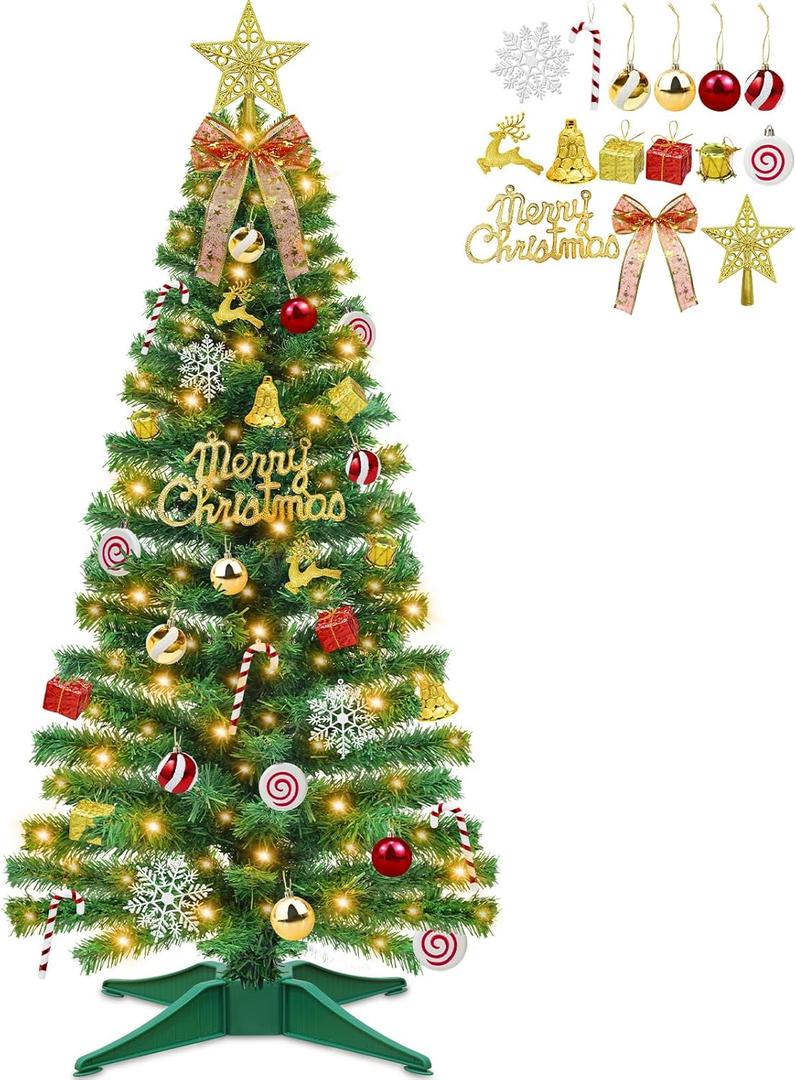 [ 71 Ornaments ] 4 Ft Mini Artificial Christmas Tree with 100 Warm White Light 3D Star Merry Christmas Sign Ball Bow Deer Snowflake Gift Box Timer Battery Operated Xmas Tree for Indoor Home Decoration (Green)