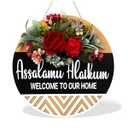 Dazingart Ramadan Mubarak Wreaths for Front Door, Assalamu Alaikum Salam Door Sign with Artificial Red Roses, Islamic Eid Mubarak Decorations for Muslim Party Wall Decor Home (Red)