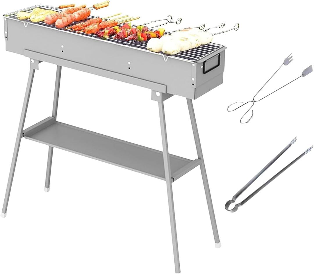 Portable Charcoal Grills, Stainless Steel BBQ Grill with Foldable Stand Adjustable Air Vents, Kebab Skewer BBQ Barbecue Grill Kit for Garden Backyard Party Picnic Travel Outdoor Use (31.6x7.1inch)