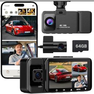 3 Channel Dash Camera for Cars, 4K UHD Dash Cam Front and Rear Inside with 64GB Card, 170°+150°+140° Wide Angle Recording, G-Sensor, Loop Recording, 24H Parking Monitor, Night Vision, 5GHz WiFi