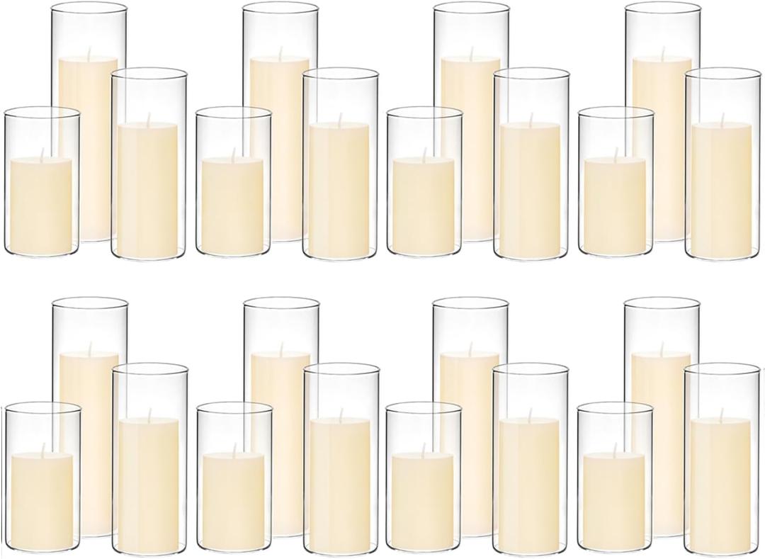 Set of 24 White Pillar Candles with Clear Glass Hurricane Holders- Elegant Cylinder Candle Vases for Weddings, Parties, Centerpieces, Home & Office Decor (Lvory White, 24 Set)