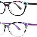 2 Pairs Cat-eye Bifocal Reading Glasses Women With Spring Hinge, Designer Floral Printed Frame Readers 1.75X (1 Purple Flower Pattern & 1 Black Flower Pattern)