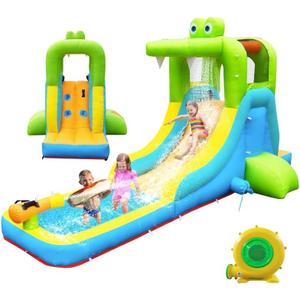 Inflatable Water Slide - Crocodile Theme Bounce House Water Park with Blower, Climbing Wall, Splash Pool, Water Cannon, Blow up Toddler Waterslide for Kids and Adults Backyard, Green