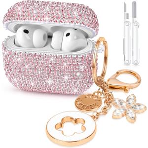 for AirPods Pro 3 Case 2025, Glitter Diamond Case Cover Bling Compatible with Airpods Pro 3rd Generation Case Cute for Women Girly, Includes Cleaning Kit and Keychain (Pink)