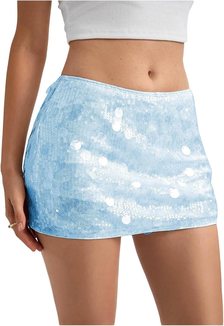 MakeMeChic Women's Sparkly Sequin Mini Skirt Y2k Low Rise Glitter Rave Micro Skirt with Shorts Underneath (Large, Blue)