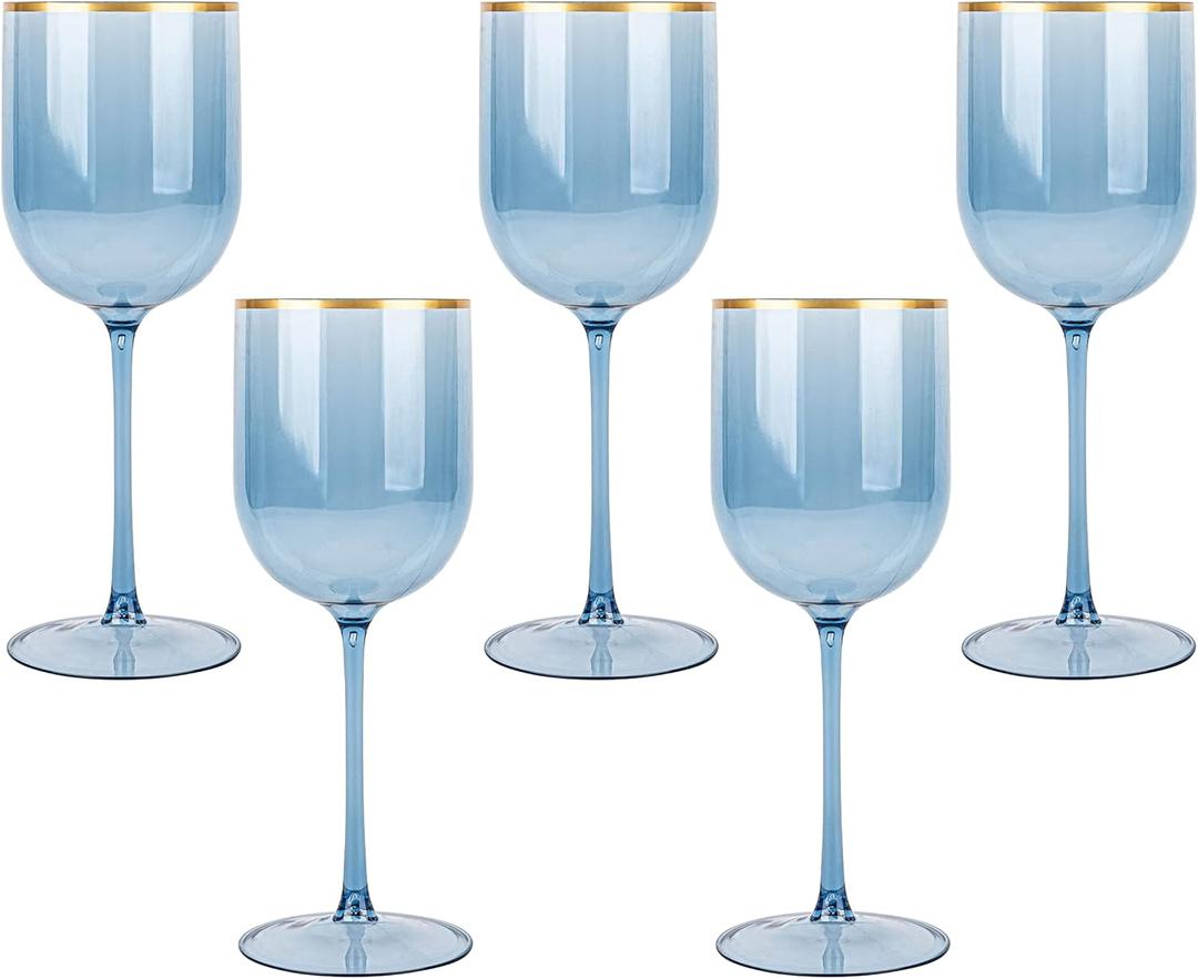 Blue Cup with Gold rim Plastic Glasses Set of 10 Elegant Goblets Hard Plastic Cups on Stem 12 Ounce