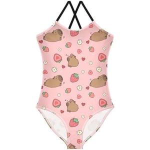 KUEJOP Girls One Piece Swimsuits Capybara with Cute Strawberry Cute Swimwear Bathing Suits 9-10T