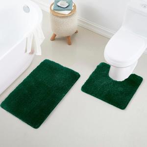 Bathroom Rug Set 2Piece, Thick &Soft Microfiber Shaggy, U Shaped Contour, Machine Washable Bath Mats, Absorbent Bath Rugs, Non-Slip Rubber Backing Bath Mat for Bathroom Floor, Tub and Shower,Green