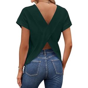 LilyCoco Women's Short Batwing Sleeve Shirt Criss Cross Back Tops Casual Loose Plain Tee (Green, S)