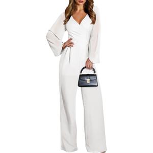 Pink Queen Jumpsuits for Women Dressy Patchwork Chiffon Sleeve V Neck Wide Leg Romper Elegant Party Outfits (White, XL)