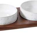 6.1inch Raised Double Cat Bowls Set with Acacia Wood Stand, Wide Whisker Friendly Ceramic Food & Water Bowls for Cats, Puppy, Kitty, Pet Bowl(Double Bowls+Stand, Arctic White)