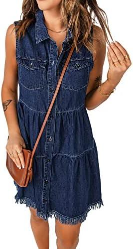 luvamia Women's Casual Summer Lapel Sleeveless Button Down Short Denim Jean Dress, M