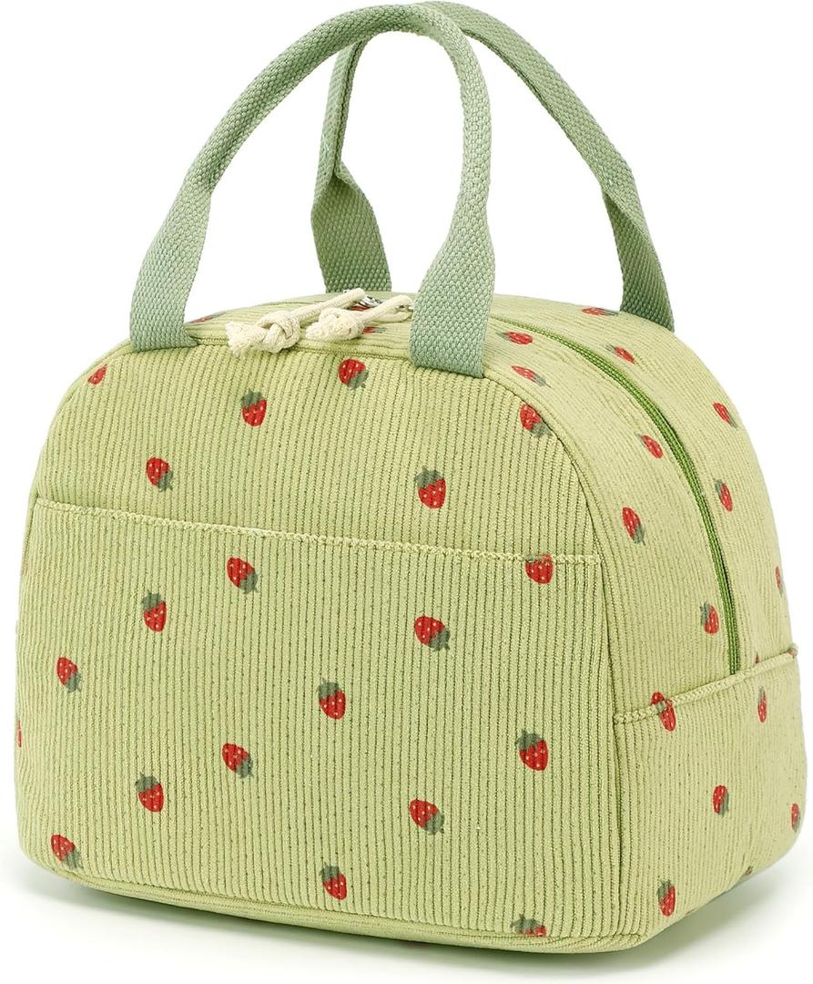 Bluboon Lunch Bag for Women Men Cute Corduroy Lunch Tote Bags Reusable Insulated Lunch Box Large Capacity Reusable Insulated Cooler for Work Picnic or Travel (Corduroy strawberry Green)