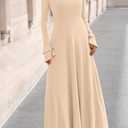 PRETTYGARDEN Womens Dresses Formal Off The Shoulder Long Sleeve Ruched Knit A-Line Maxi Wedding Guest Dress Fall Clothes (Beige, L)