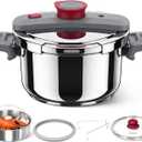 MICHELANGELO Stovetop Pressure Cooker Stainless Steel, 4.2 qt, 304 Stainless Steel, 6-Fold Safety System, One-Hand Easy-Open Lid, 2 Pressure Settings, Steamer Basket & Glass Lid, Induction Compatible