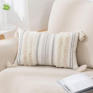 decorUhome Decorative Boho Throw Pillow Cover 12"x20", Lumbar Accent Neutral Textured Tufted Pillow Cover Striped for Couch Bed Sofa, Beige and Cream White, Pack of 1