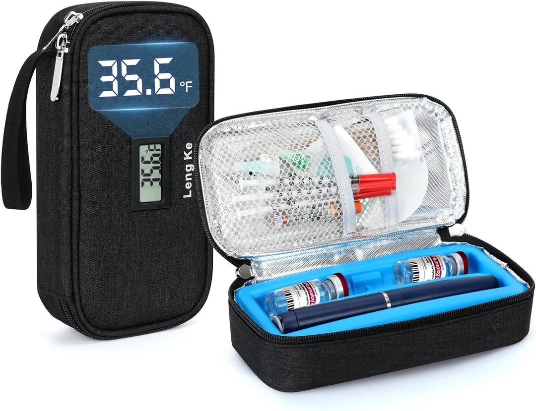 YOUSHARES Insulin Cooler Travel Case for Pen & Vials, Temperature Display Diabetic Medication Cooling Bag with Protective Ice Brick, TSA Approved Refrigerated Diabetes Supplies Carrying Organizer