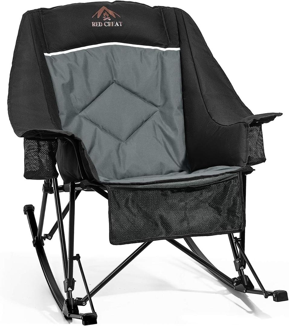 400lbs Rocking Camping Chair, Oversized Heavy Duty XL Folding Rocker for Adults, Padded High Back Big & Tall Support, with Cup Holders & Carry Bag for RV, Lawn, Patio & Sports