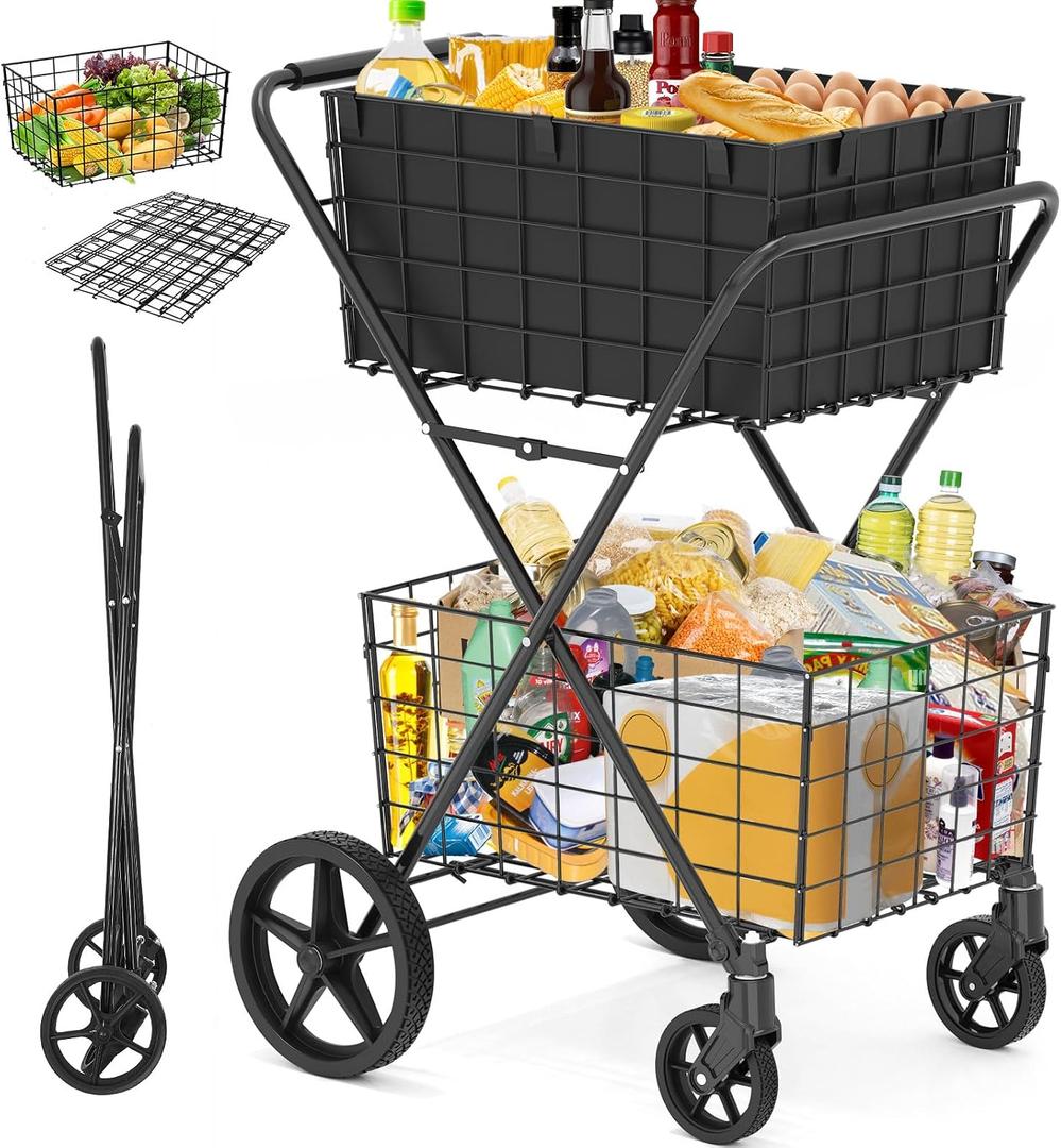 2-Tier Collapsible Shopping Cart for Groceries, 400Lbs Heavy Duty Grocery Cart with 2 Removable Storage Baskets, 360 Rolling Swivel Wheels, Waterproof Liner, Large Utility Carts for Transport Gift