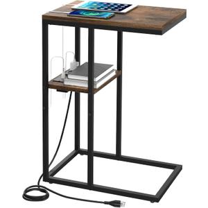 Yoobure C Shaped End Table with Charging Station for Living Room, Bedroom, Sofa Table with USB Ports and Outlets for Small Spaces, C Couch Rustic Snack Bed Table
