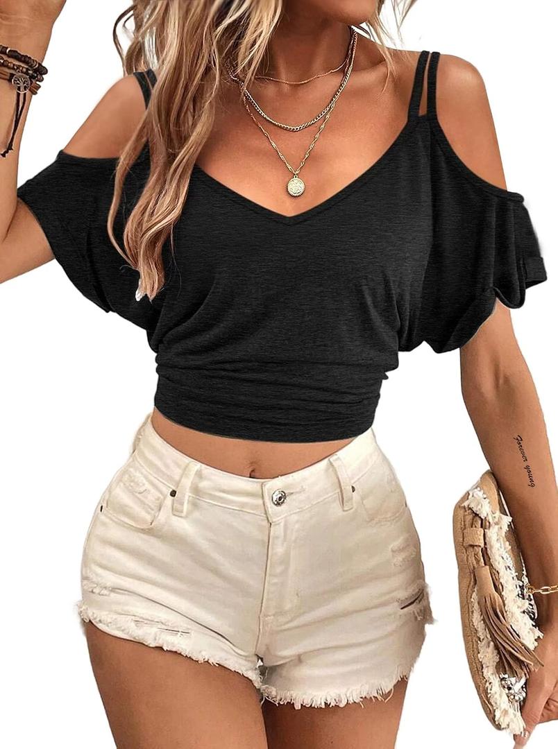 LilyCoco Women Off The Shoulder Tops Backless Top Batwing Going Out Cropped T Shirt, Large