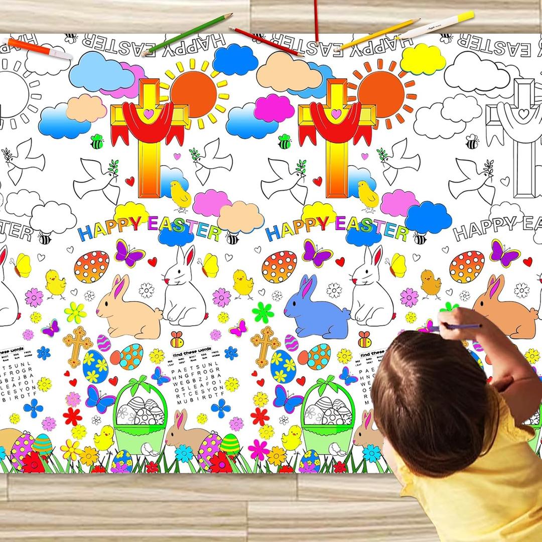 JUNQIU Easter Coloring Tablecloth for Kids, 71 * 48 in Giant Coloring Poster, Crafts for Kids Activities Classroom Party Gifts - Easter Decorations