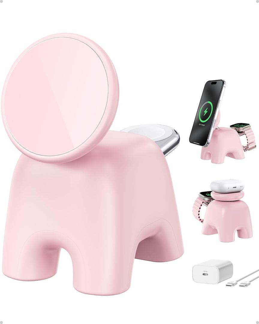 AOK-AOK Foldable Wireless Charging Station, 15W Magnetic Fast Charger Stand for iPhone 17 16 15 14 13 12 Pro Max&Apple Watch&Airpods, 2-in-1 Charger for Home/Office/Travel(30W Adapter Included) (Pink)