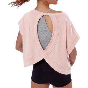 Women Open Back Workout Crop Tops Short Sleeve Athletic Backless T Shirts Loose Fit Running Gym Yoga Tees (Pink, XS)