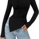 Women's Long Sleeve Asymmetrical Tops Notched Neck T Shirt Slim Fit Elegant Tee (Black, L)