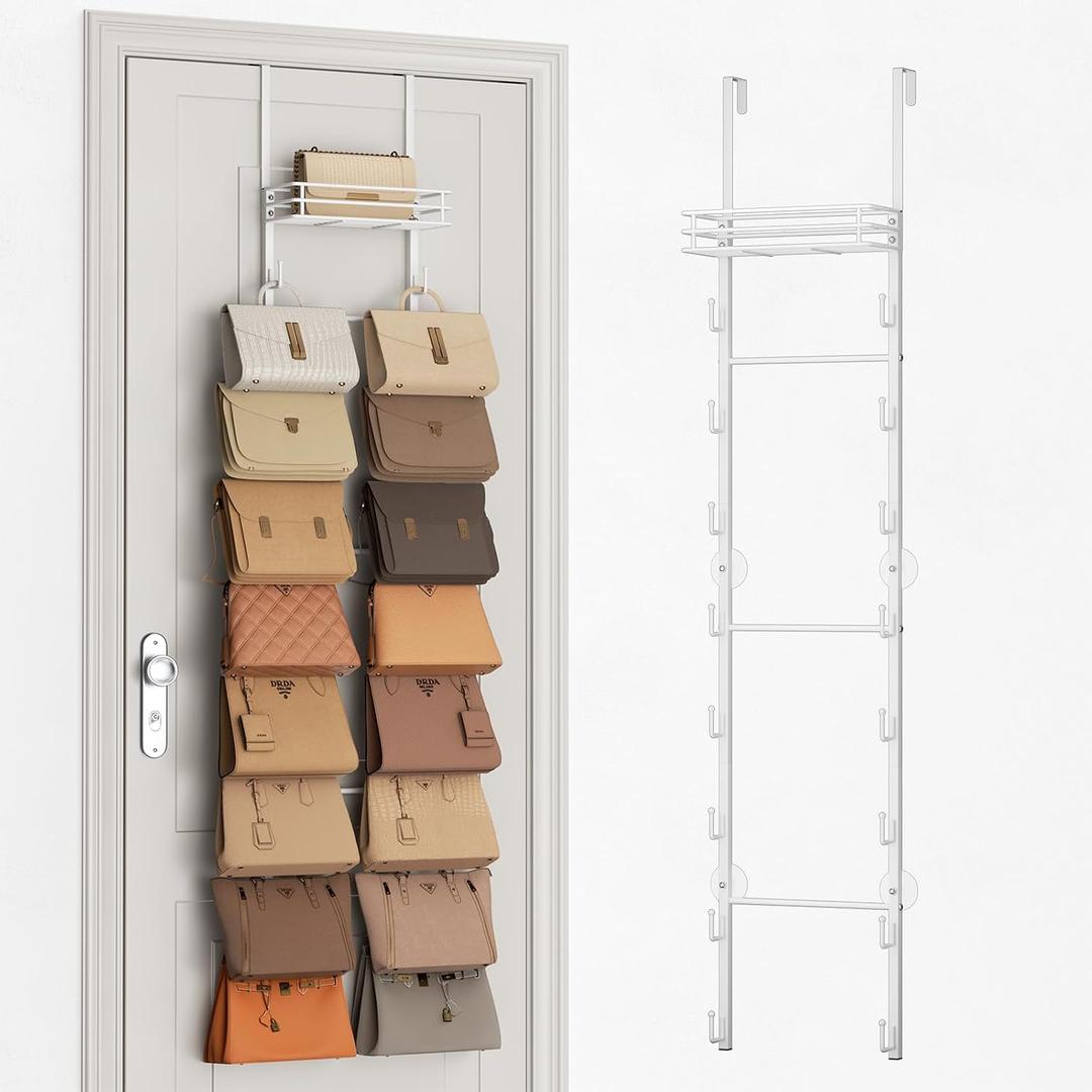 SWTYMIKI Over the Door Purse Organizer - Wall Mounted Handbag Organizer with 16 Hooks and Metal Basket, Hanging Purse Storage Rack Holds up to 16 Bags, Bag Rack Can Use As 1/2 Part, for Door, Closet