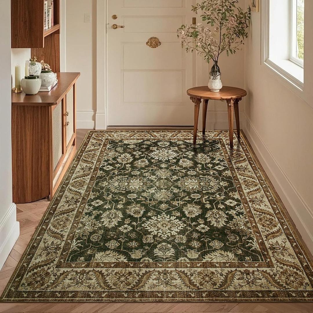 Area Rugs for Living Room, 4x6 Washable Rugs for Bedroom, Non-Slip Retro Floral Carpet for Entryway Office Dorm Kitchen Dining Room, Brownish Green