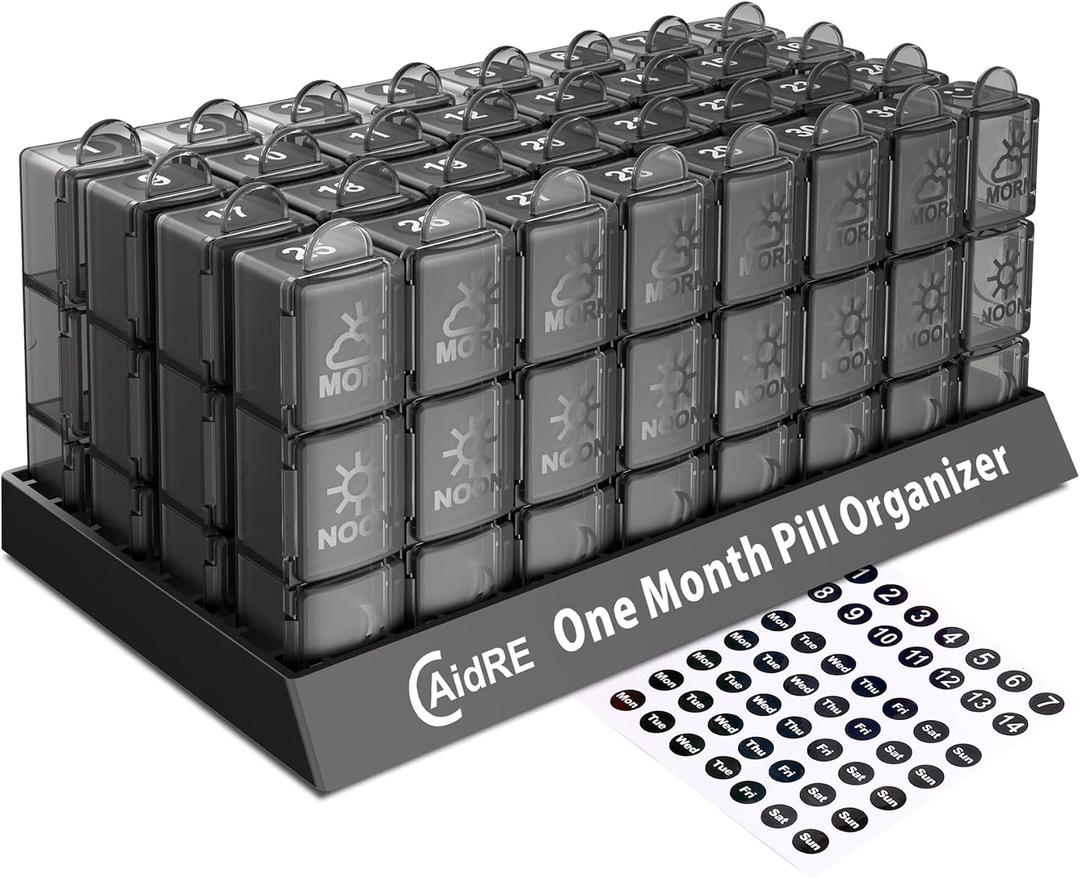 CAidRE Monthly Pill Organizer 3 Times A Day, One Month Pill Box Organizer Morning-Noon-Night, 31 Day Pill Organizer with 32 Daily Compartments for Fish Oil, Vitamins, Supplements and Medications,Black
