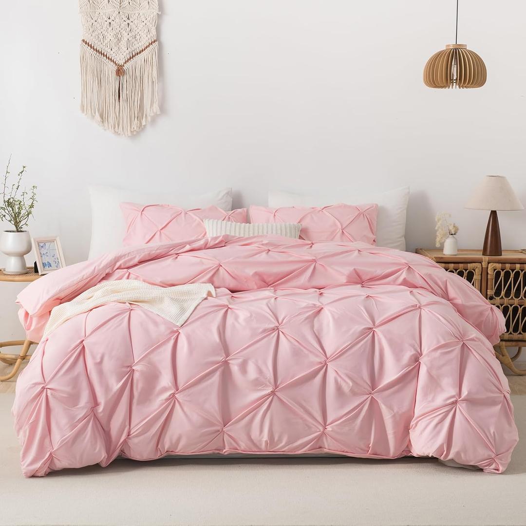 Litanika Pink Pinch Pleat Duvet Cover Full(79x90Inch), 3 Pieces(1 Duvet Cover, 2 Pillowcases) Luxurious Pintuck Bedding Set, Soft Microfiber with Zipper Closure & Corner Ties