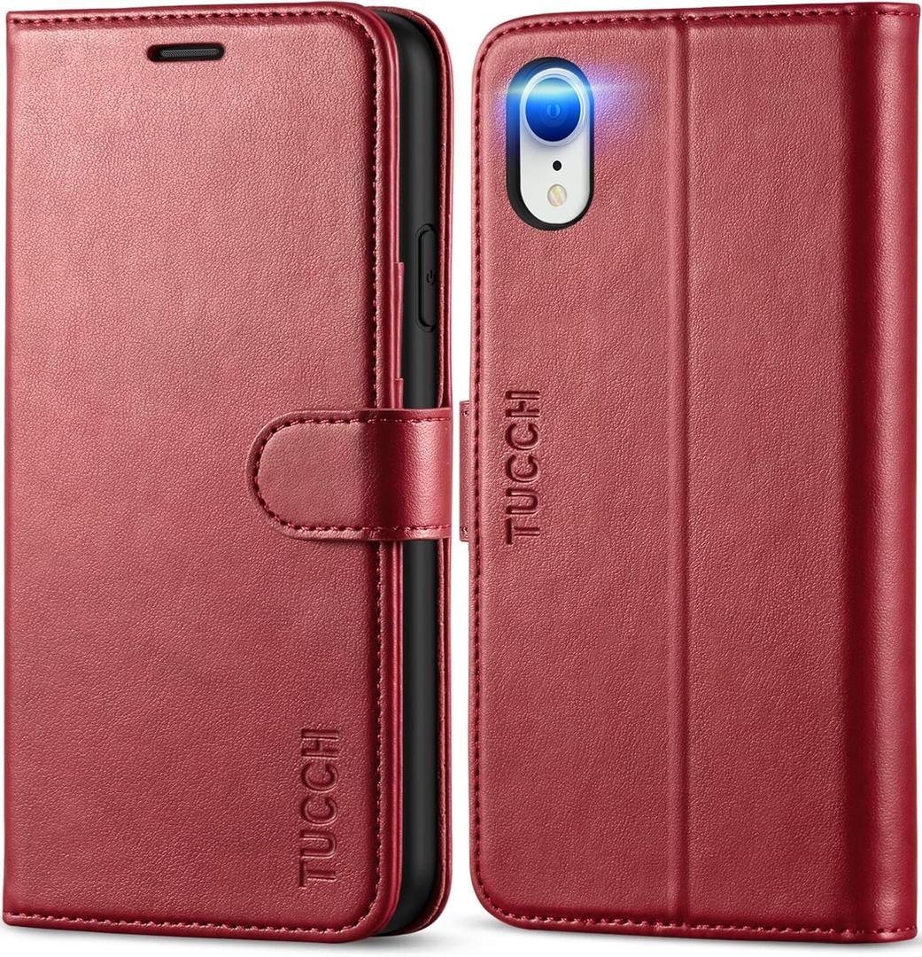 TUCCH Case Wallet for iPhone XR, Kickstand RFID Blocking Credit Card Slot PU Leather Folio Phone Cover with Wireless Charging [Shockproof TPU Shell] Compatible with iPhone XR 6.1, Dark Red