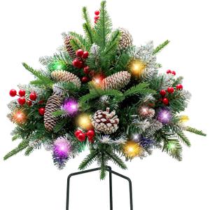 Lighted Outdoor Christmas Tree Urn Filler, Pre-lit Artificial Xmas Pine Trees with Tripod Stake, Outdoor Light Up Christmas Planter Filler