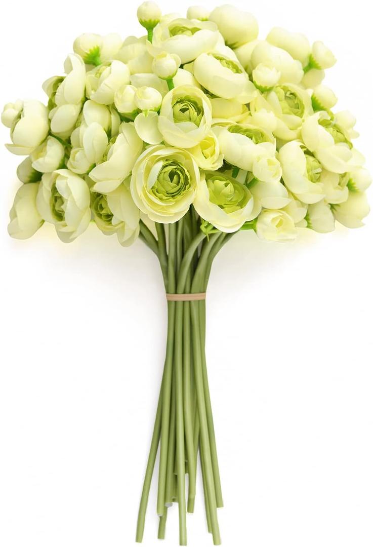 Ling's moment Ranunculus Artificial Flower, Faux Silk Mini Ranunculus Flowers for DIY Bouquet, Bulk Fake Wedding Filler Flowers for Centerpieces Arrangements Bridal Shower Decorations, Green