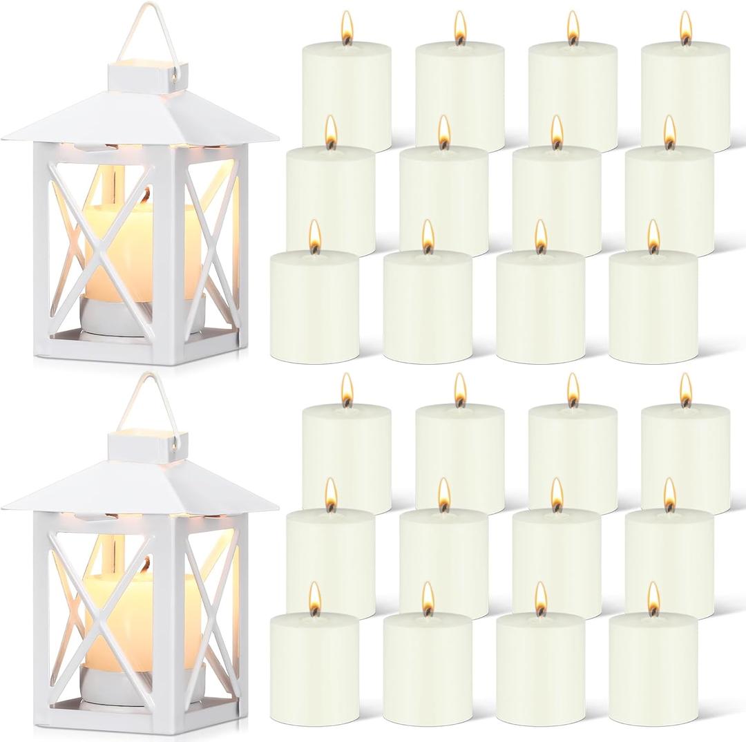 24 Pcs Emergency Candles with 2 Lanterns Set Mini Vintage Lanterns with 5 Hour Long Burning Survival Candles for Outdoor Wedding Camping Hanging Lamp Ornaments Christmas Holiday Decor(White)