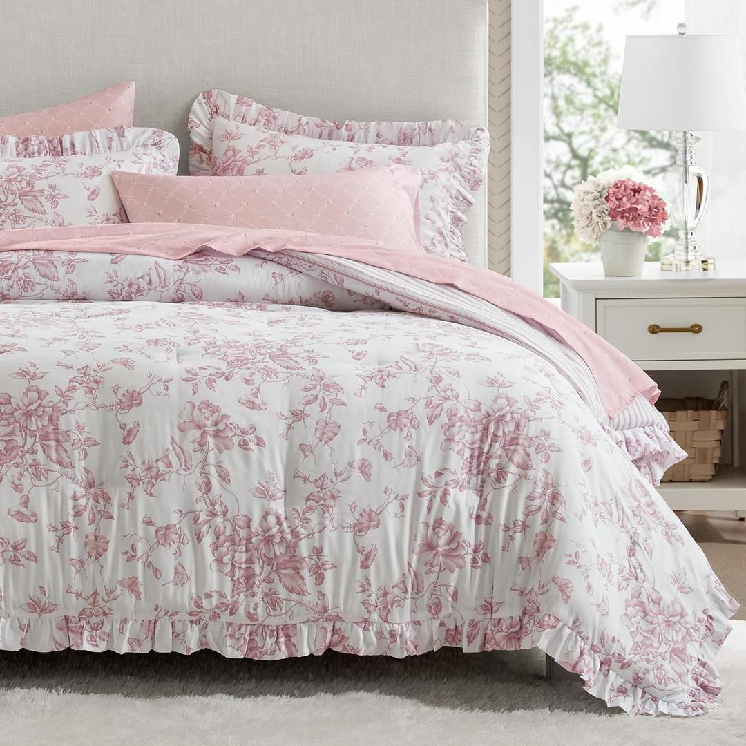 Madison Park Essentials Adele Pink Floral Full Size Comforter Set Vintage Bed in a Bag with Sheets, Reversible Ruffle Bedding, Elegant Gift for Her
