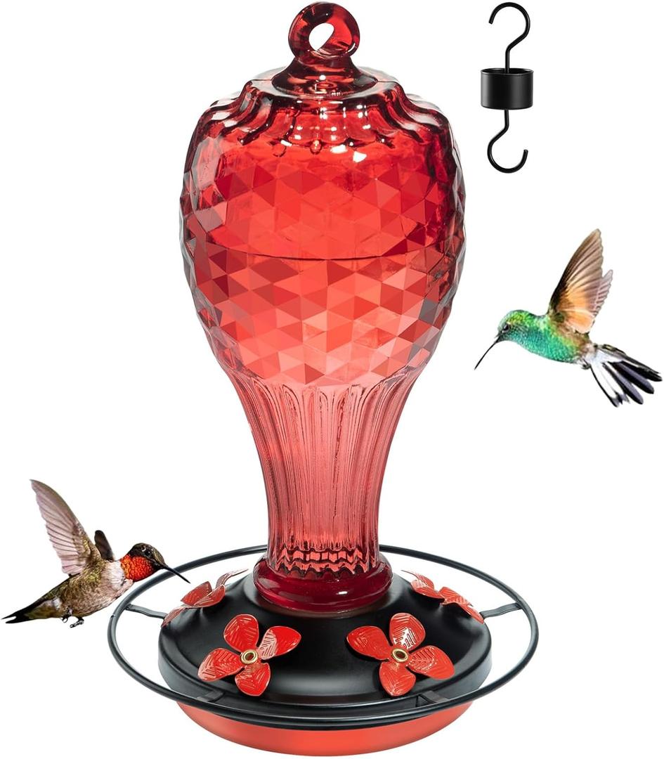 Hummingbird Feeder, Hand Blown Glass Hummingbird Feeders for Outdoors Hanging with Ant Moat, 5 Feeding Ports, Leak-Proof, 20 Ounces, Never Fade Garden Backyard Decoration, Gift for Mom Dad