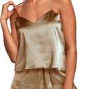 Aamikast Womens Silk Satin Pajama Sets Sexy Cami Ruffled Shorts Sets 2 Piece Pjs Sleepwear (XS)