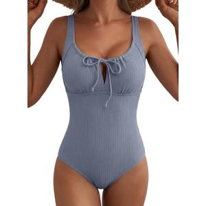 Aleumdr Womens Textured One Piece Swimsuit Tummy Control Bathing Suit Tie Knot Cutout Swimwear, M