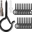FSAH 36 PCS Q-Hanger Hooks with Safety Buckle, Windproof Screw Hooks for Outdoor String Lights Hanging Christmas Lights, Plants, with 1 Wing Nut Driver (Black)