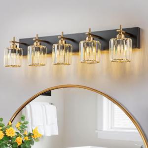 Modern Crystal Bathroom Vanity Lights, Black Gold 5-Lights Bathroom Light Fixtures Over Mirror, Crystal Wall Lighting with Polished Gold Finish(Exclude Bulb)