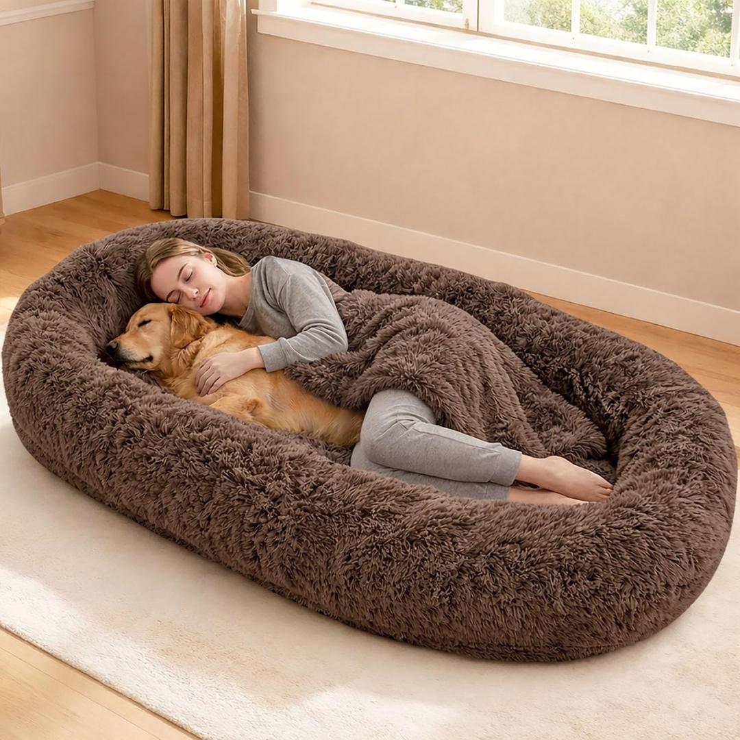 79"x44"x12.5" Human Dog Bed for Adult Faux Fur Washable Human Dog Bed Portable Handle, Egg Orthopedic Foam Human Bed Extra Large with Present Blanket Brown