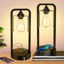 Wireless Charging Table Lamp for Bedroom Set of 2, Touch Control Dimmable with Type C USB Ports & AC Outlet Bedside Nightstand Lamp, Glass Shade Industrial Desk Lamp for Home Office, Bulbs Included (Black)