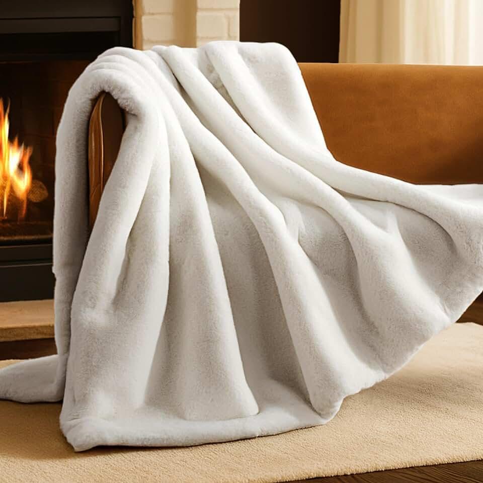 Bare Home Faux Fur Throw Blanket - Ultra-Soft Luxurious - Cozy Warm Blanket for Couch, Sofa, Chair, Bed - Fuzzy Fluffy Super Soft - Decorative Bed Blanket, 50x60 inches (White) OEKO-TEX STANDARD 100