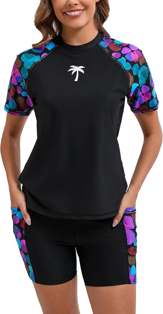 Halcurt Women's Two Piece Rash Guard Swim Shirts Built in Bra Swimsuit with Boyshorts with Pockets (X-Large, Black Blue Dotted)