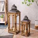 Large Farmhouse Decorative Wooden Lantern Set of 2, Rustic Brown Floor Lanterns, Indoor/Outdoor Hurricane Lanterns for Home Decor (No Glass)